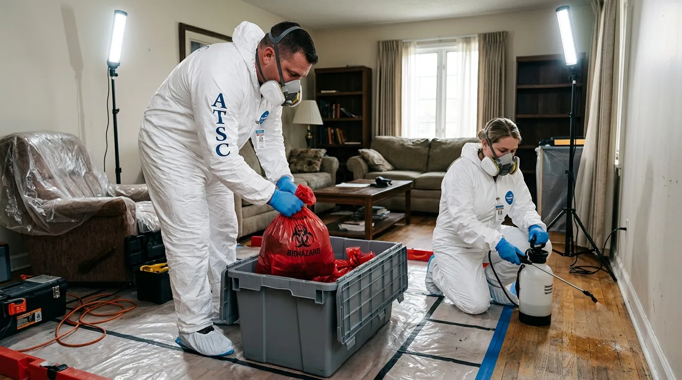 Professional Hoarding Cleanup technician in full PPE working in Waterloo